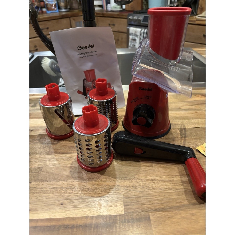 Geedel Rotary Cheese Grater 3 in 1 Slicing, Julienning and Grinding Used 3 times